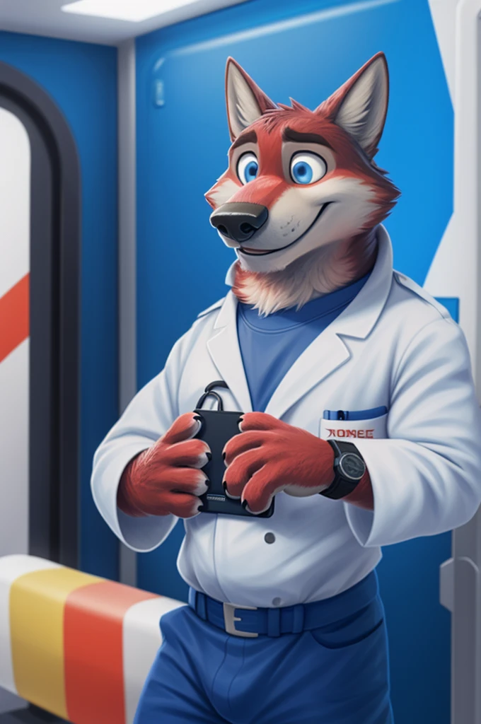 Joachim Wolfbach (Zootopia),tall handsome, wolf,young, 24 years, brown fur,(red body:1.3),Blue eyes, Moscow Dressed,emergency doctor blue jacket, blue pants,shoes, Chumadan with medicines, stethoscope in neck, canine, wolf, detailed fur, Male, , paw pads, finger claws,Holding an ECG machine in your hand, At the viewer, 5 fingers, paws, 5 fingers, smile, happy, goes to a call,in an ambulance, wrist watch, т nextel, сижу in an ambulance, by xenoforge, (difficult, high detail, film photography, soft focus, RAW, pilot in training,smile смех 
фотореализм, realistic, photorealistic, analog style, subsurface scattering, 
masterpiece, Best quality, ultra realistic, 8 thousand.)