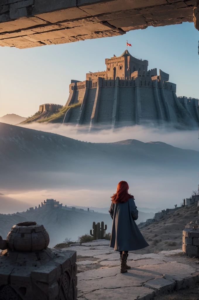 masterpiece, illustration, ((Huge military fortress of Babel made of carved stone，Standing in the distant desert land)), (Tower of Babel), Light blue sky, Sunlight, FOG, shadow, Dark grass with stones, Uninhabitable, barren land, nature, (Mountains), Unsaturated, ( girl in a dark blue coat walks towards the castle in the distance), Medium-length red hair, Moscow, Soviet Union, (A black dragon with red eyes flying over the fortress)