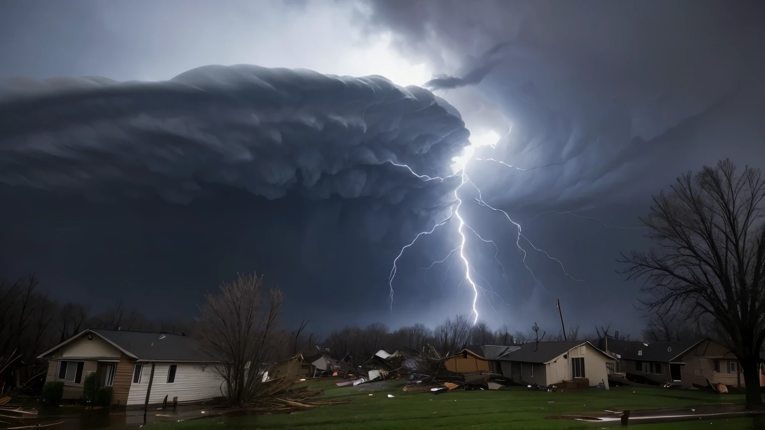 whoa, Dramatic image shows tornadoes and storms destroying trees and homes in Omaha, Nebraska. Dark clouds and extreme rain make the scenario threatening. end of world.