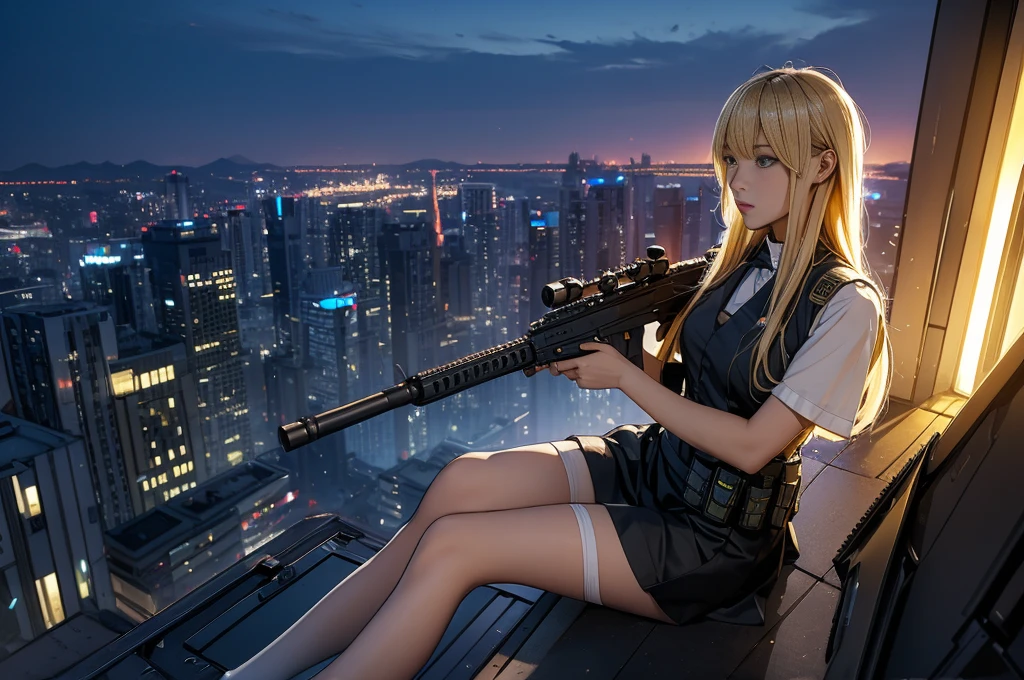 High angle shot of a blonde haired girl sitting alone on the edge of a rooftop surrounded by a cityscape。She holds an AR-15 assault rifle、When that scope shines in the dim light、Her bright yellow eyes pierce the darkness。The striking contrast between her skirt, thigh-highs and practical load-bearing vest、It's evidence of her calculated attitude.。Her disciplined face、With sharp teeth slightly bared、With a determined look on his face。She holds the rifle tightly.、It exudes a hint of confidence and control.、A friend's holstered pistol is visible on his hip.。