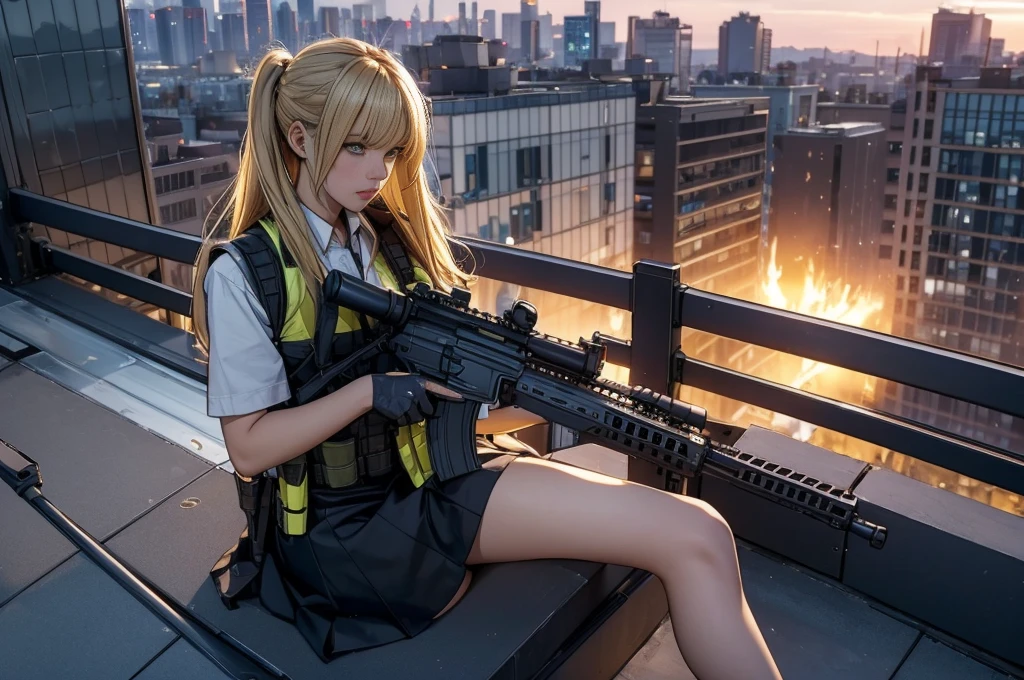 High angle shot of a blonde haired girl sitting alone on the edge of a rooftop surrounded by a cityscape。She holds an AR-15 assault rifle、When that scope shines in the dim light、Her bright yellow eyes pierce the darkness。The striking contrast between her skirt, thigh-highs and practical load-bearing vest、It&#39;s evidence of her calculated attitude.。Her disciplined face、With sharp teeth slightly bared、With a determined look on his face。She holds the rifle tightly.、It exudes a hint of confidence and control.、A friend&#39;s holstered pistol is visible on his hip.。