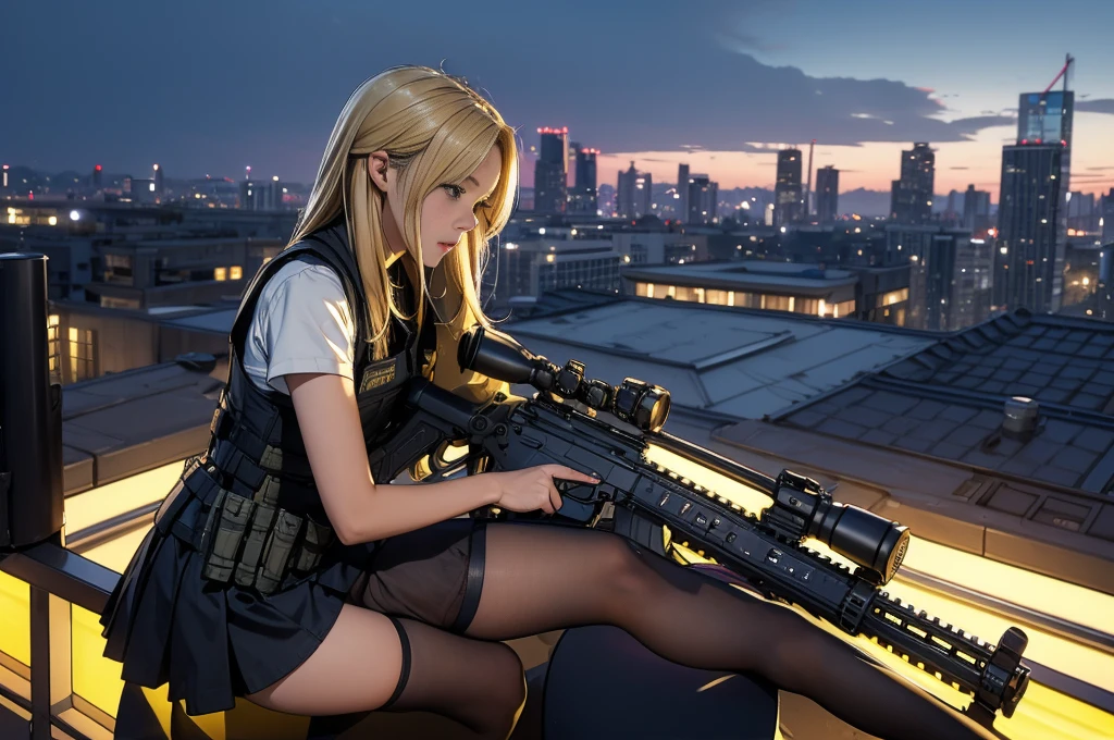 High angle shot of a blonde haired girl sitting alone on the edge of a rooftop surrounded by a cityscape。She holds an AR-15 assault rifle、When that scope shines in the dim light、Her bright yellow eyes pierce the darkness。The striking contrast between her skirt, thigh-highs and practical load-bearing vest、It&#39;s evidence of her calculated attitude.。Her disciplined face、With sharp teeth slightly bared、With a determined look on his face。She holds the rifle tightly.、It exudes a hint of confidence and control.、A friend&#39;s holstered pistol is visible on his hip.。