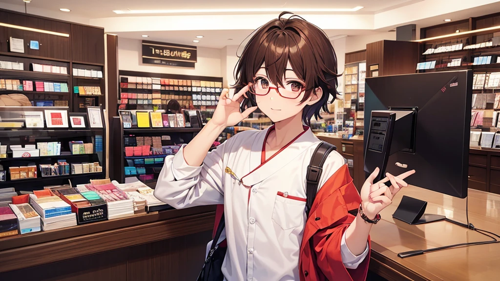 I will design a YouTube thumbnail image featuring an eyeglass store clerk, inspired by 'Daisuke Sakuma' or 'Masaki Suda'. He sports square black-rimmed glasses, has brown eyes, and vibrant reddish-brown hair, with a range of expressions. The jawline is rounded, and the illustration will cover his entire face and upper body. The background beautifully showcases vibrant and stylish glasses in a brightly lit eyeglass store.