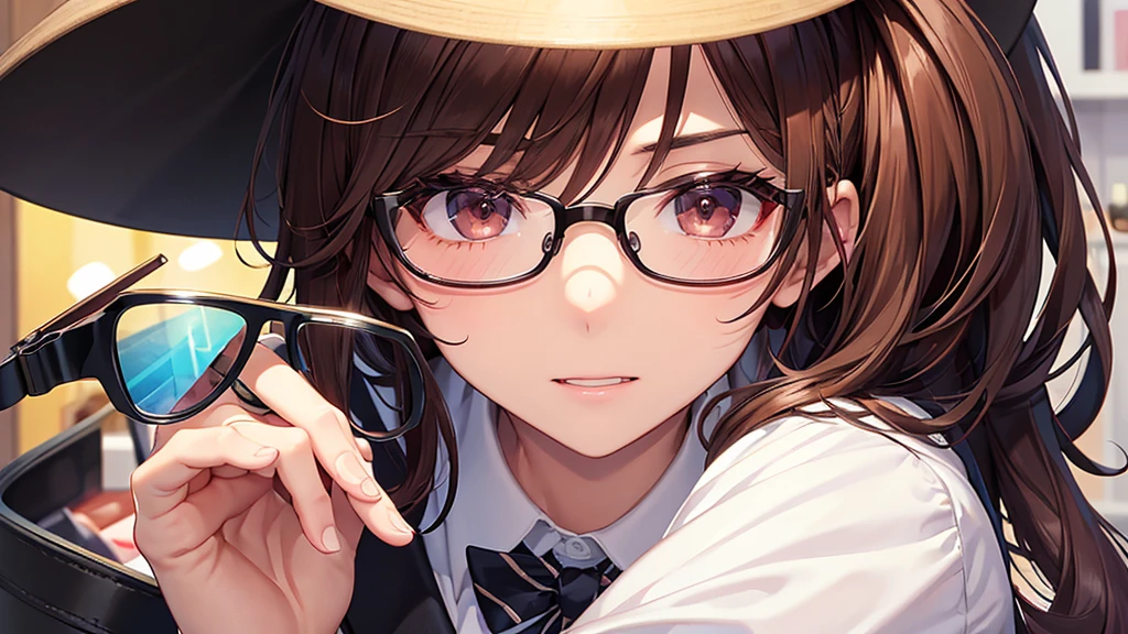 I will design a YouTube thumbnail image featuring an eyeglass store clerk, inspired by 'Daisuke Sakuma' or 'Masaki Suda'. He sports square black-rimmed glasses, has brown eyes, and vibrant reddish-brown hair, with a range of expressions. The jawline is rounded, and the illustration will cover his entire face and upper body. The background beautifully showcases vibrant and stylish glasses in a brightly lit eyeglass store.