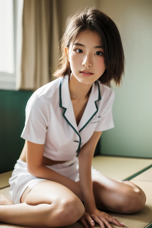 lens: 135mm f1.8,(Highest quality),(Tabletop:1.1), (Beautiful 16 year old Japanese girl), (Moisturized lips), Narrow eyes, double eyelid,Delicate clavicle,Flat Chest,Shortcuts,
(Let me me me'Let me me'Let me'Let's take another look), (close:1.4), shame, A faint smile,
(Spotted sunlight:1.2), Professional bright lighting,
(Uniforms and nudity), (Sunburned skin:0.2),Full body photo、Full Body Focus、Sit on the floor with your legs open