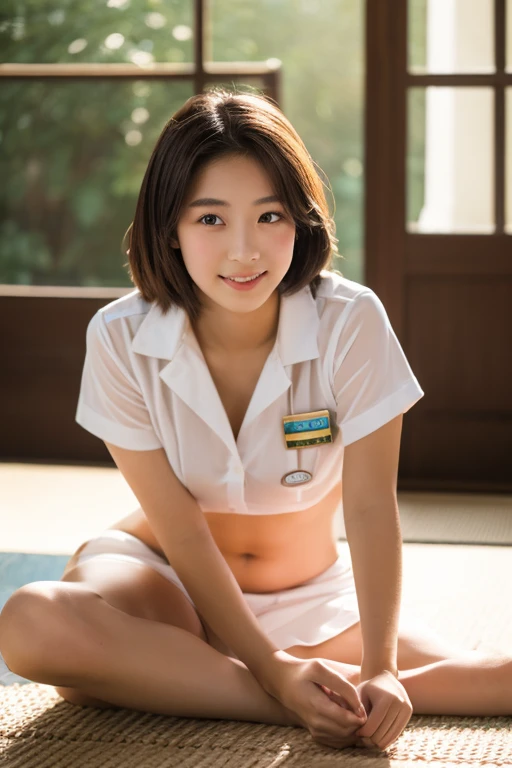 lens: 135mm f1.8,(Highest quality),(Tabletop:1.1), (Beautiful Japanese girl), (Moisturized lips), Narrow eyes, double eyelid,Delicate clavicle,Flat Chest,Shortcuts,
(Let me me me'Let me me'Let me'Let's take another look), (close:1.4), shame, A faint smile,
(Spotted sunlight:1.2), Professional bright lighting,
(Uniforms and nudity), (Sunburned skin:0.2),Full body photo、Full Body Focus、Sit on the floor with your legs open