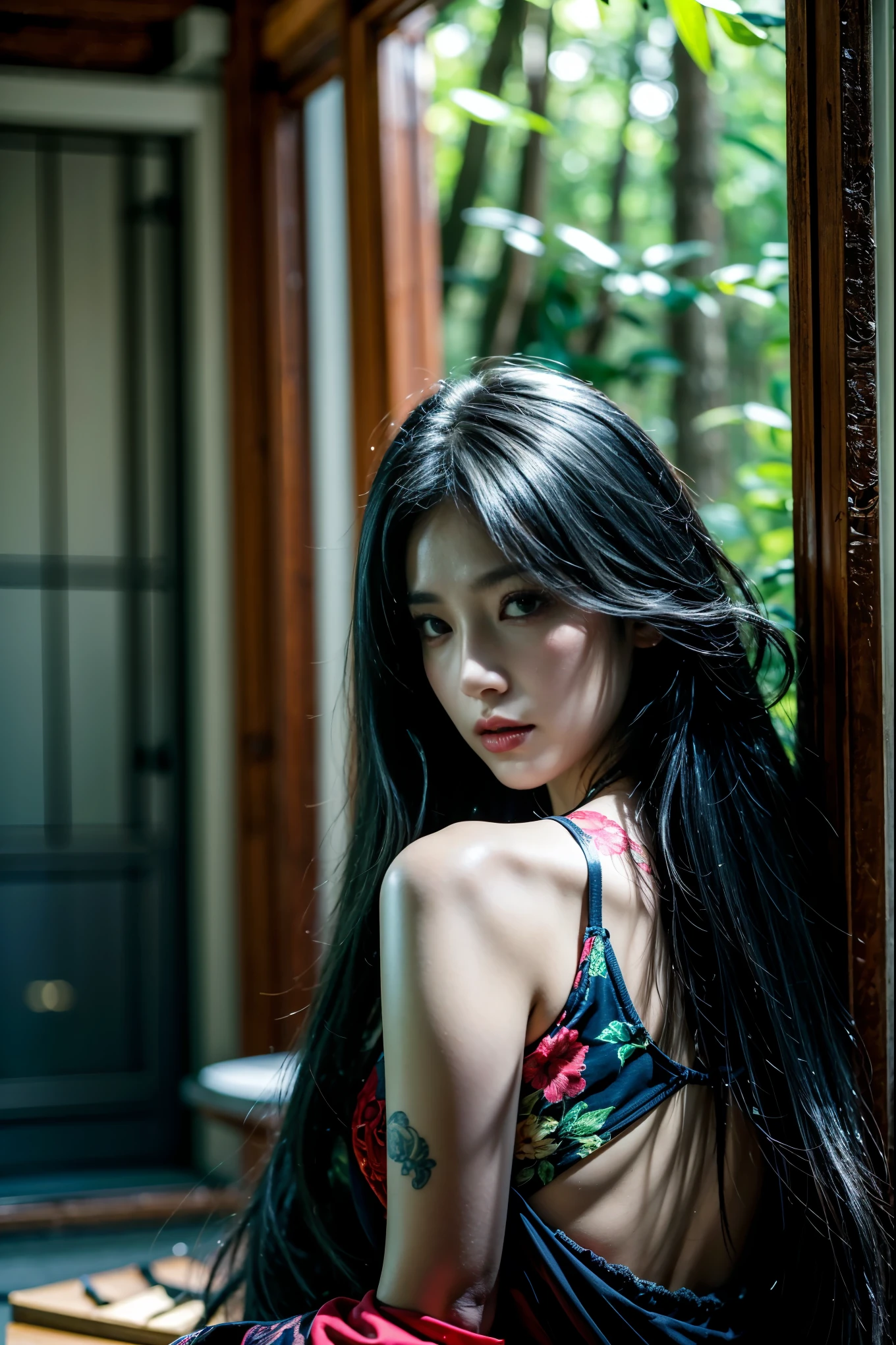 Prompt: ((best quality)), ((masterpiece)), (detailed), perfect face, silver hair, black eyes, lips, assassin's sexy clothes, realistic, 30 years old, Asian, perfect body, perfect hands, mythology creature, in the forest, full body potrait