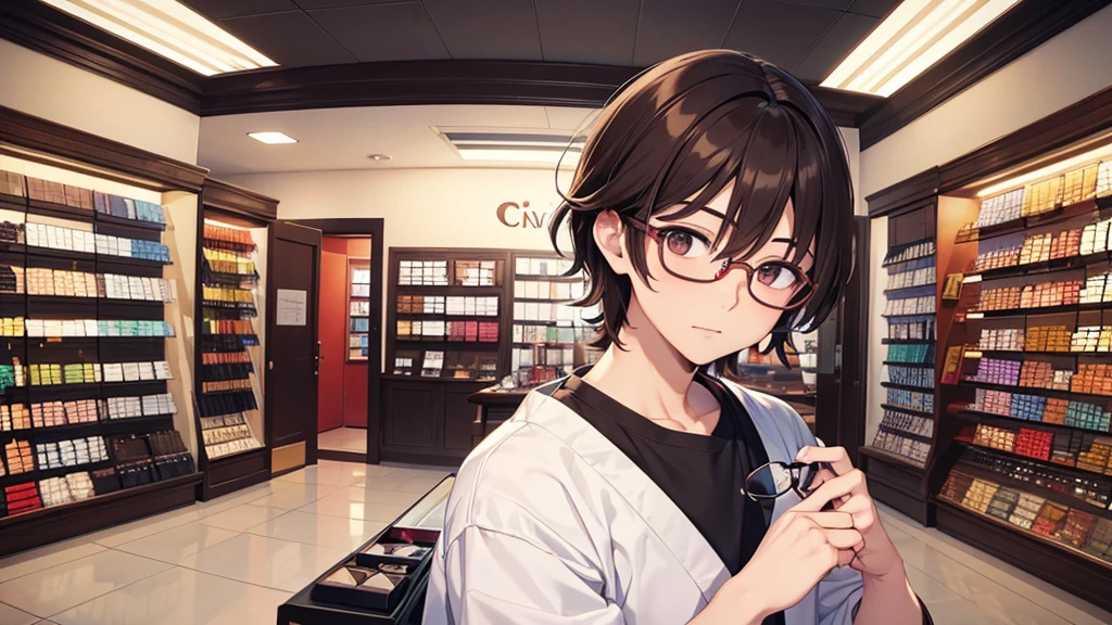 I will design a YouTube thumbnail image featuring an eyeglass store clerk, inspired by 'Daisuke Sakuma' or 'Masaki Suda'. He sports square black-rimmed glasses, has brown eyes, and vibrant reddish-brown hair, with a range of expressions. The jawline is rounded, and the illustration will cover his entire face and upper body. The background beautifully showcases vibrant and stylish glasses in a brightly lit eyeglass store.
