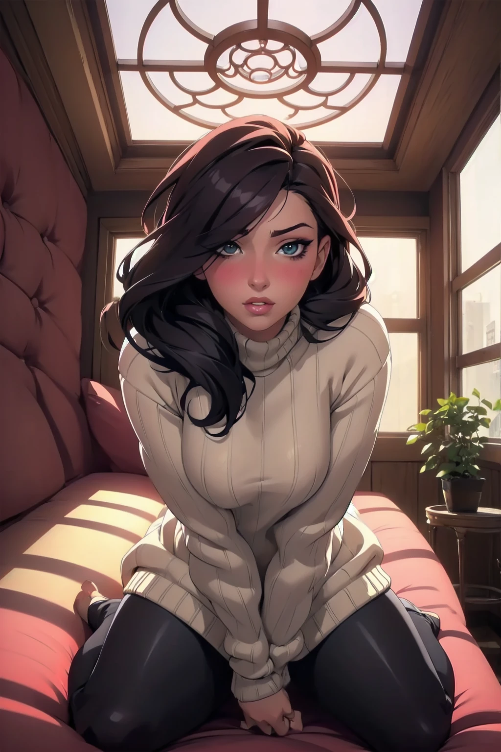 Sexy woman, perfect hair, amazing makeup, seductive gaze, blushing intensely, ready to kiss, long oversized sweater, sitting comfortably on couch, window, natural light beaming through window, beautiful face, seductively gazing at us, very seductively provocative