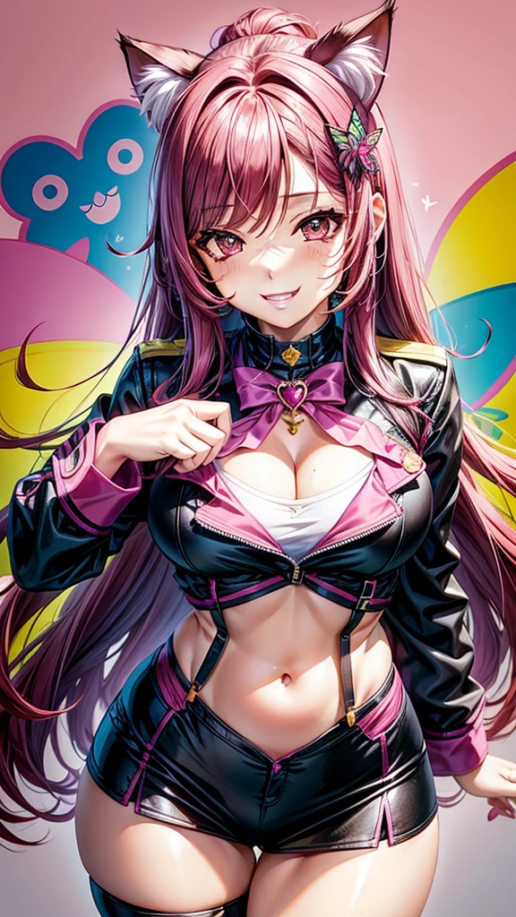 Magenta hair, brown eyes, older woman, long thick hair, pretty hair ornaments, smile face, happy, cat ears, sexy uniform outfit, color background, butterflies, pink and green, zodiac outfit