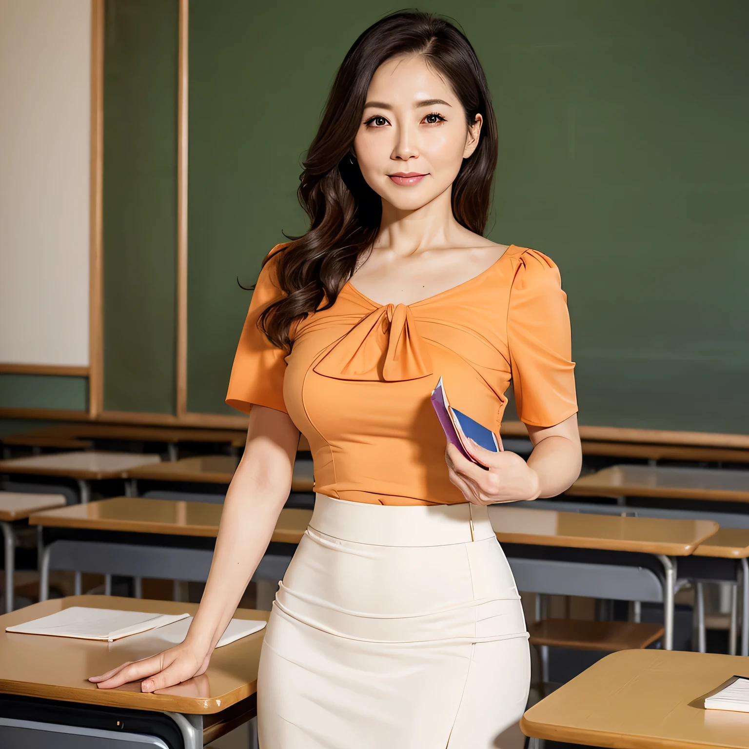 High resolution, High-level image quality, High definition, masterpiece, 8k, Anatomically correct, Professional Lighting, sharp, White Photo, ((Japanese Mature, 90 years old, Beautiful female teacher)), One person, ((Facial wrinkles)), Shapely large breasts, Straight, light brown, long hair that reaches the shoulders, Chubby body type, ((School classroom, Standing upright, holding the attendance book and looking at the viewer)), (((Summer short sleeve tuck drape blouse, Light orange bonded tight skirt for summer))), Composition from knee to head
