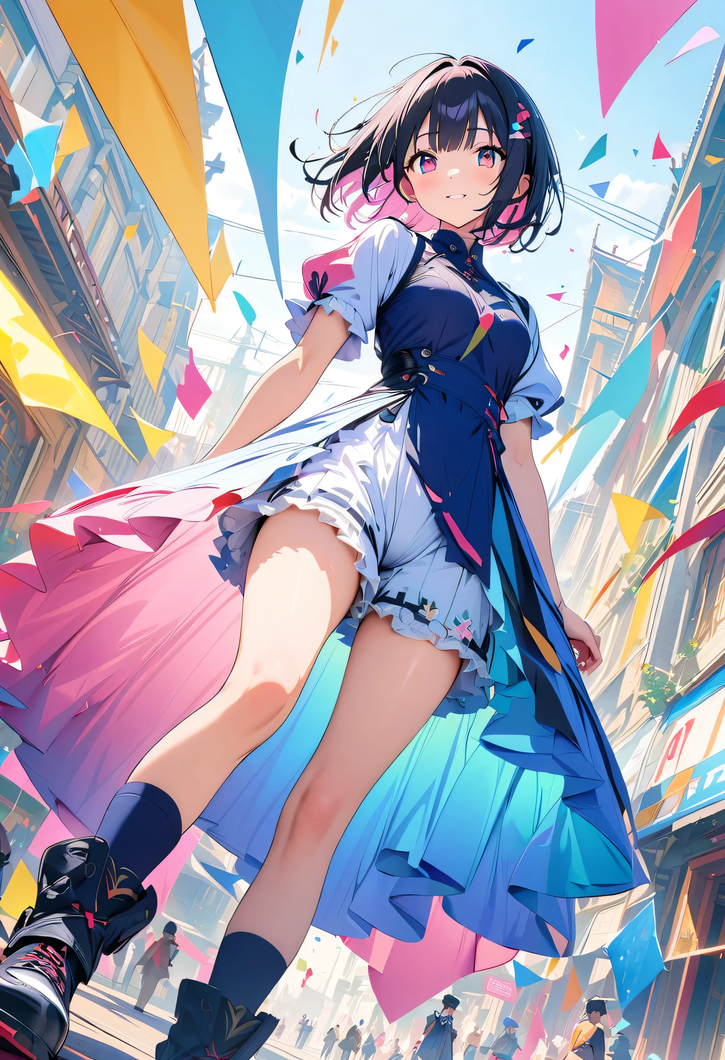 (masterpiece, Highest quality, Official Art:1.2), (colorful), Perfect Anatomy, Looking at the audience, One Girl, alone, White Background, floating colorful water, Ultra-fine illustrations, highly detailed, Dynamic Angle, beautiful detailed, 8k, break smiling amidst the colorful scenes, (Highest quality, masterpiece, High resolution, detailed), Anime Style, (Shining Eyes, detailed美しい顔), break,Dynamic Angle, Full Body Shot, Waiting for pastel colors to start