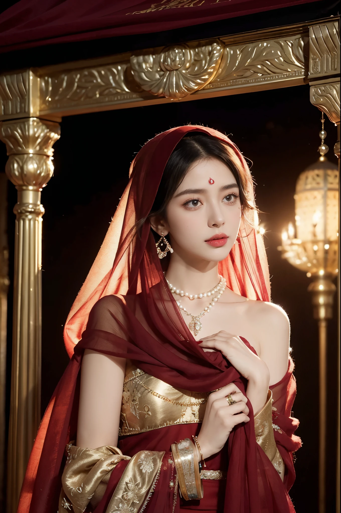 (((best quality))),(((ultra detailed))),(((masterpiece))),illustration,((1girl,Arabian dancer,solo)),(red hijab:1.3),((slim,thin)),((small breasts,flat chest)),((earrings,necklace)),((pearls,jewels,gemstones)),(night scene:1.3),(standing:1.3),(in luxurious palace:1.3),(indoor:1.3),(gorgeous embroidered red sheer sari:1.3), intricate patterns,((Arabian theme,Middle Eastern culture)),(shoulder length straight hair:1.2),(sheer veil on face:1.3),mystery, ornate furnishings, decorations, enchantment, magic, Persian magic carpet,night sky, floating,Aladdin's lamp, flame, fulfillment of desires,candlelight,romance,One Thousand and One Nights, coherent narrative, dreamlike atmosphere, deep emotions, graceful movements, passion, face beneath the veil, beloved's dream, timeless beauty, enchantment,magical world, wondrous journey,((from front,upper body))