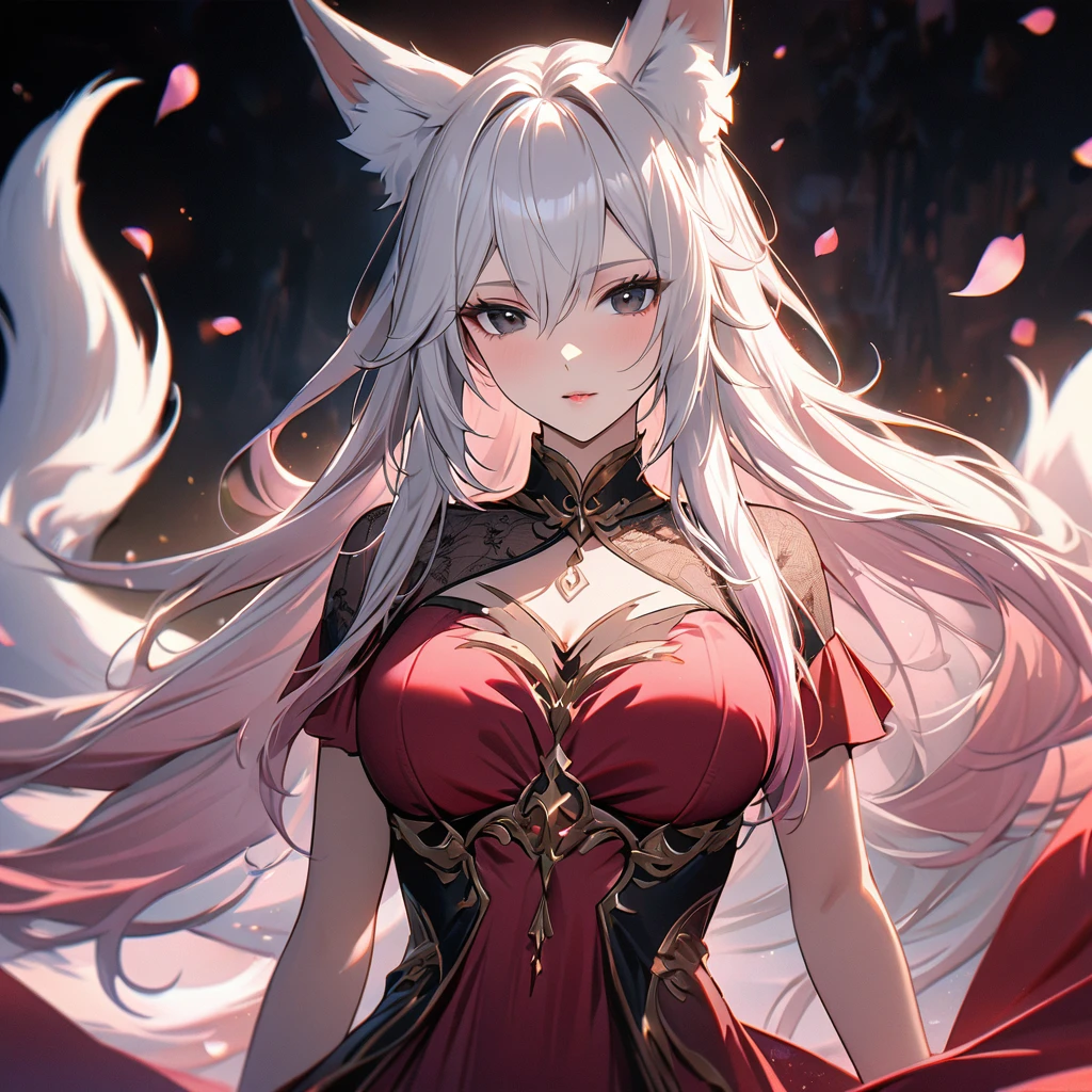 female, nine-tailed female, female fox, nine-tailed fox, fox ears, white hair, pink hair, long hair, black eyes, pretty, beautiful, beautiful color, mature, dress, flying petals, super detail, beautiful color,peerless beauty, pure