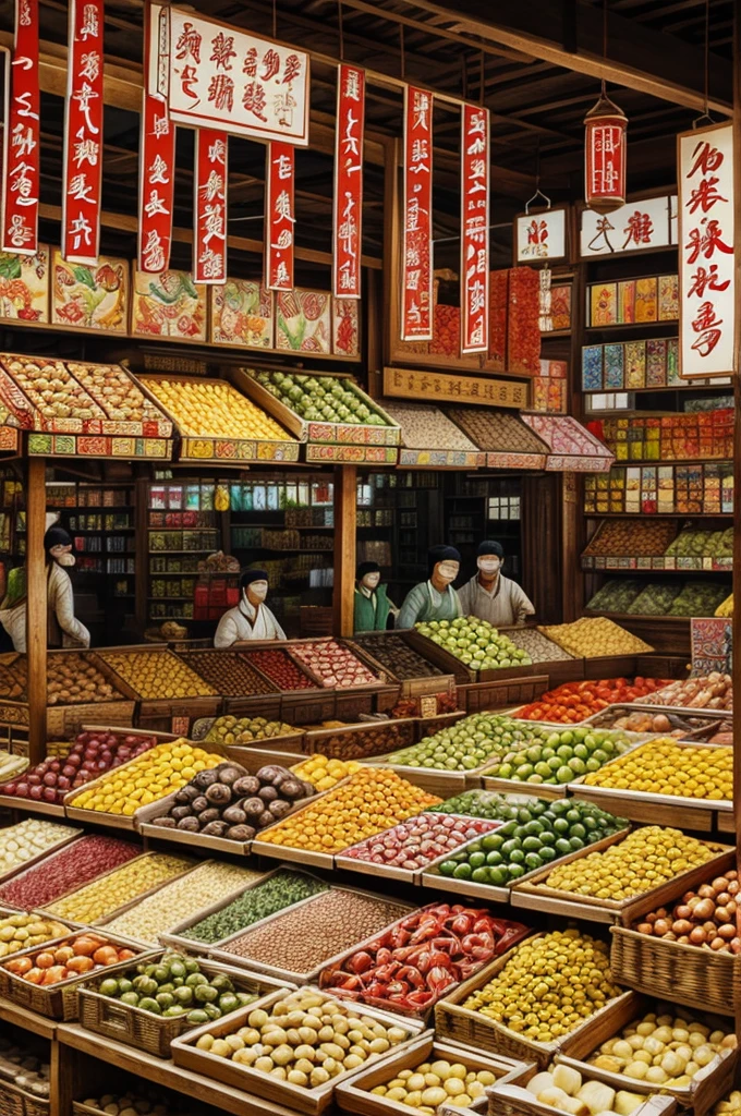 Illustration for the painting of an oriental market with an abundance of goods