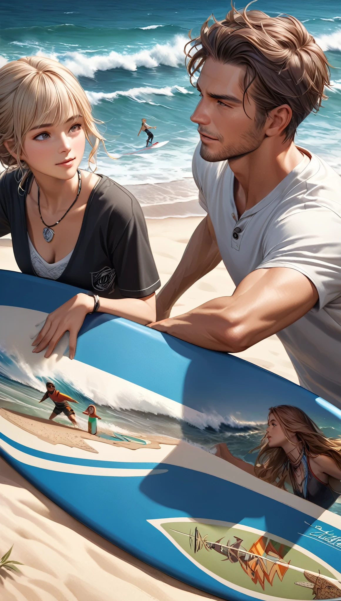 Highest quality, Realistic, photoRealistic, Award-winning photography, (Intricate details: 1.2), (Subtle details), (Intricate details), Two young men and one woman, (Sandy Beach, Ocean, Land Surfer, surfboard, Chara Guy, Nampa Master, Speak to women in a familiar manner)