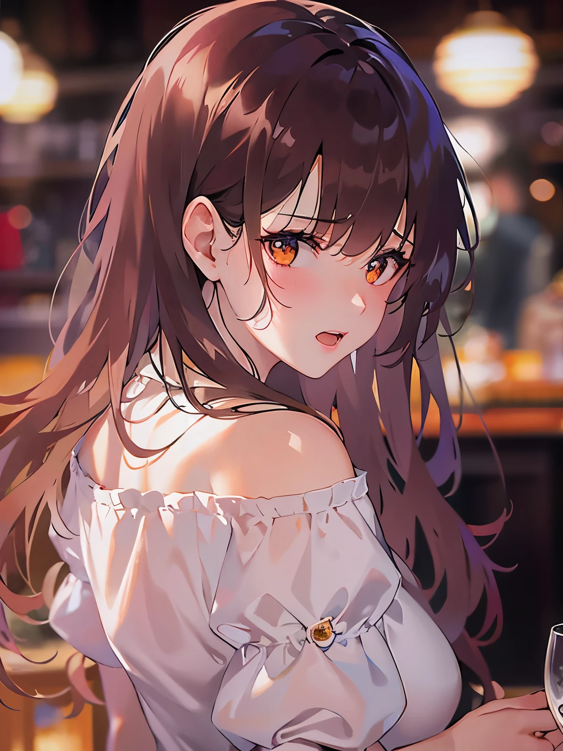 side angle, Close-up of your face, (pale skin: 1.2), shiny skin, shiny hair、(A 25-year-old woman with medium-length hair and bangs) and (wavy hair) and (brown hair) and (orange eyes) , (white) and (off shoulder blouse) 、(sad:1.3), open mouth, The background is the interior of a restaurant at night.、Alone、Are standing