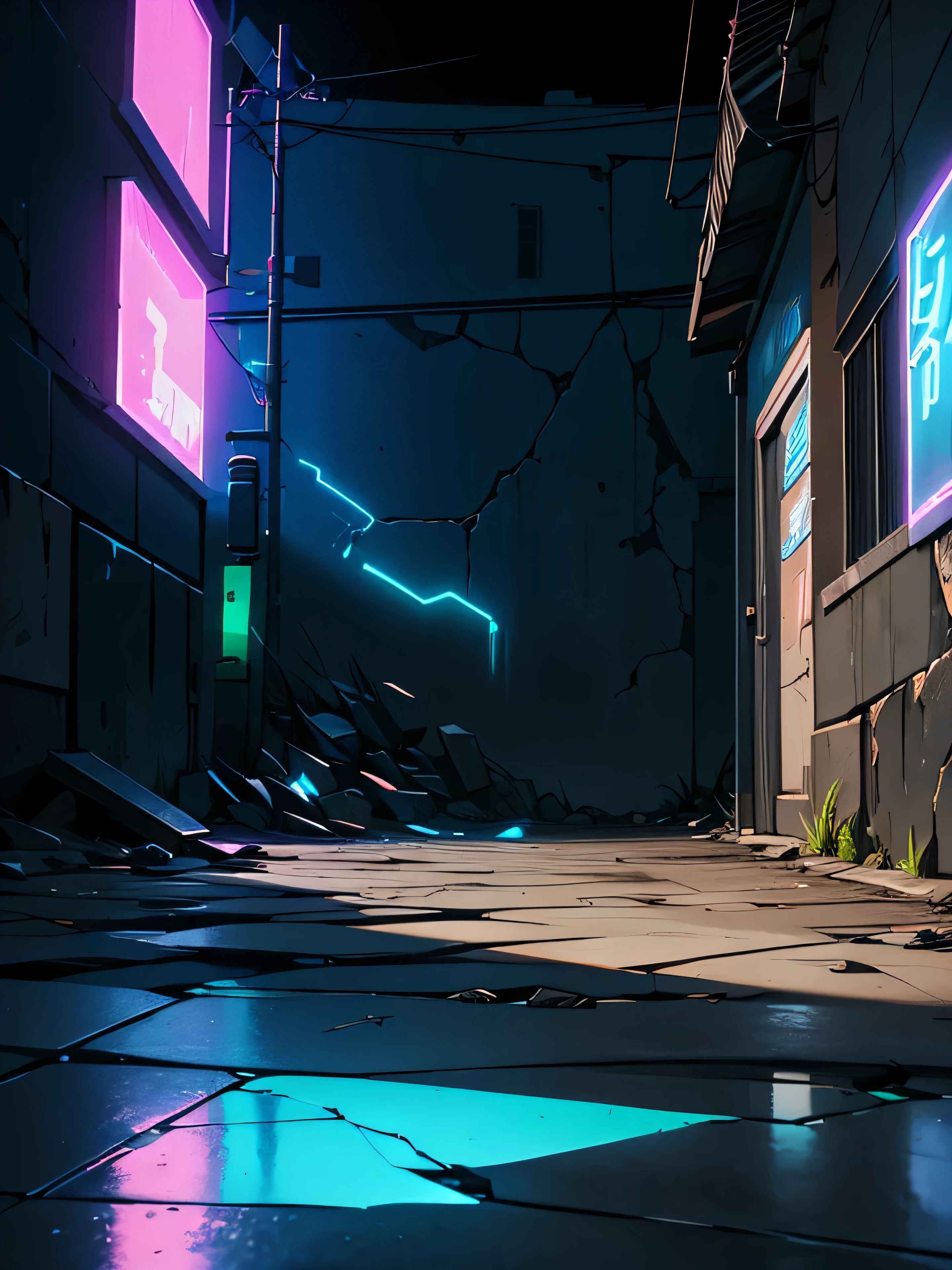 (Close shot) scenery of a wall with degraded paintwork and a worn appearance, a sidewalk-style floor with cracks, night lighting with neon LED reflections, cyber punk style with a dark appearance.