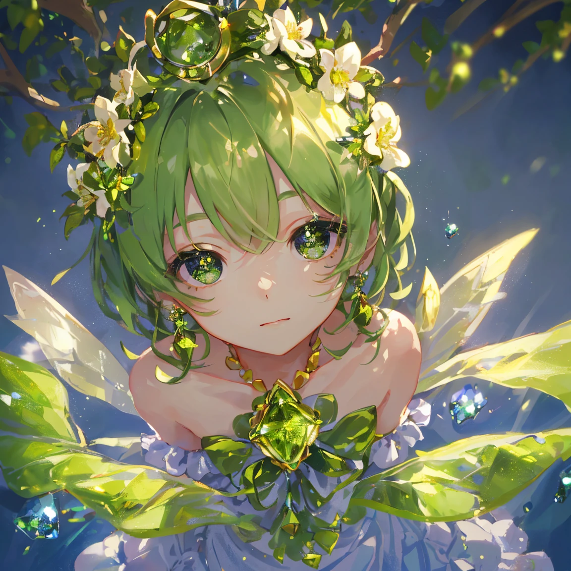 1 girl masterpiece, highest quality, shape, peridot eyes and hair, peridot earrings, peridot necklace, flowers, flower fairy, cute, (dynamic lighting:1.2), cinematic lighting, delicate features, fine eyes, sharp pupils, realistic student, written boundary depth, Bokeh, sharp focus, (very detailed, bloom, shine:1.4), lots of little gems