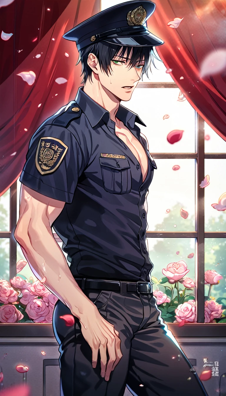 absurdres, highres, ultra detailed, HDR, master piece, best quality, Fushiguro Touji, black hair, expressive green eyes, Jujutsu Kaisen, solo, sexy man, handsome, horny, sensual, black police officer clothes, unbuttoned shirt, black hat, fantasy, police station, window, petals, flowers, room, red curtains, Nu Carnival