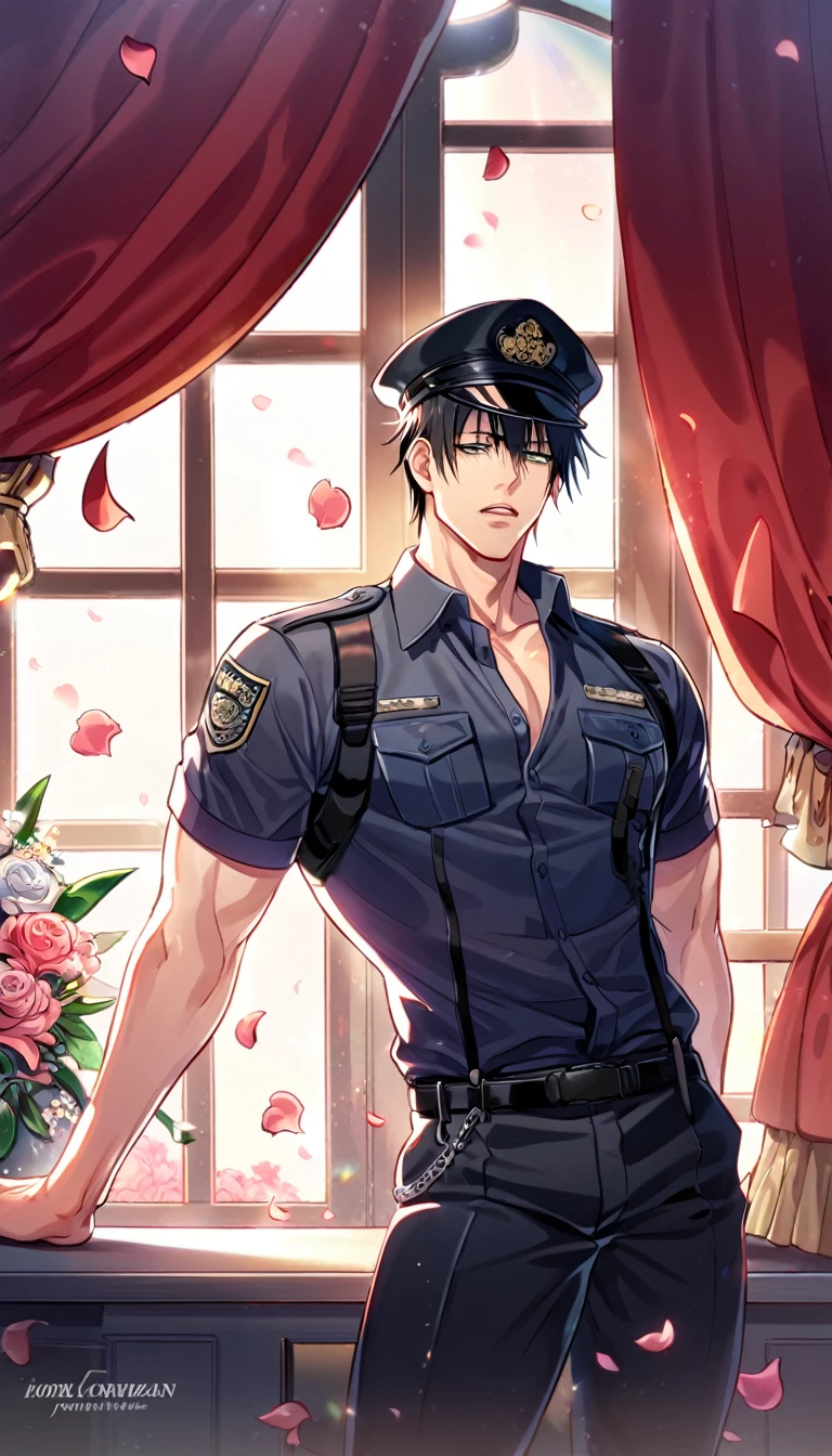 absurdres, highres, ultra detailed, HDR, master piece, best quality, Fushiguro Touji, black hair, expressive green eyes, Jujutsu Kaisen, solo, sexy man, handsome, horny, sensual, black police officer clothes, unbuttoned shirt, black hat, fantasy, police station, window, petals, flowers, room, red curtains, Nu Carnival