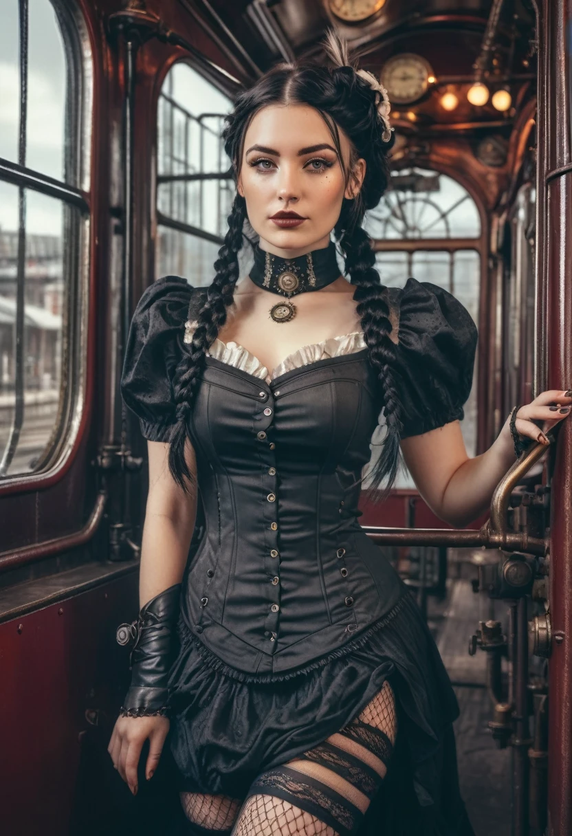 (Realisttic:1.2), analog photo style, faded color, Beautiful woman, posing, with freckles and long black hair braided, (steampunk dark fantasy atmosphere), she is wearing victorian dres and seamed stockings, soft natural light, cute and sexy, great quality, wear a cute Strampunkdress and looks at you, steampunkroom, Masterpiece, detailed strange background, better performance, 16k quality, HDR, RAW photo, Steampunk Train Station, Steampunk Train