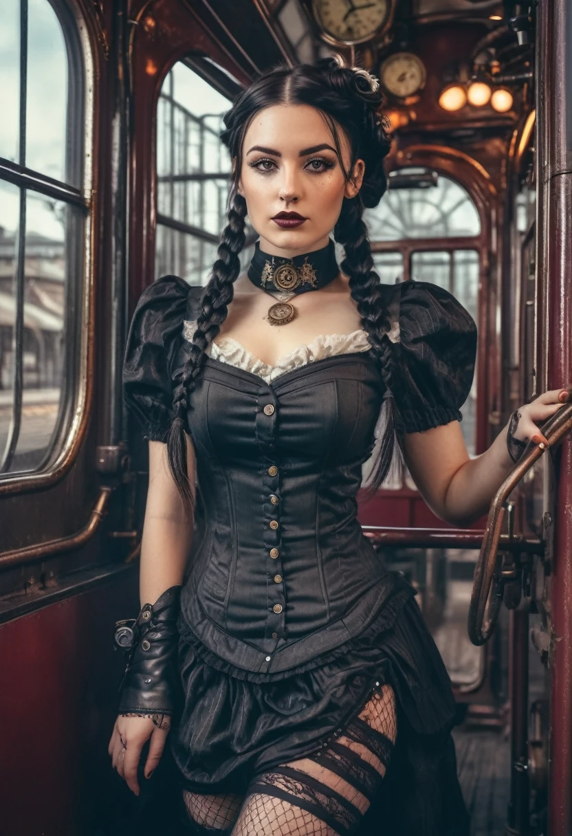 (Realisttic:1.2), analog photo style, faded color, Beautiful woman, posing, with freckles and long black hair braided, (steampunk dark fantasy atmosphere), she is wearing victorian dres and seamed stockings, soft natural light, cute and sexy, great quality, wear a cute Strampunkdress and looks at you, steampunkroom, Masterpiece, detailed strange background, better performance, 16k quality, HDR, RAW photo, Steampunk Train Station, Steampunk Train