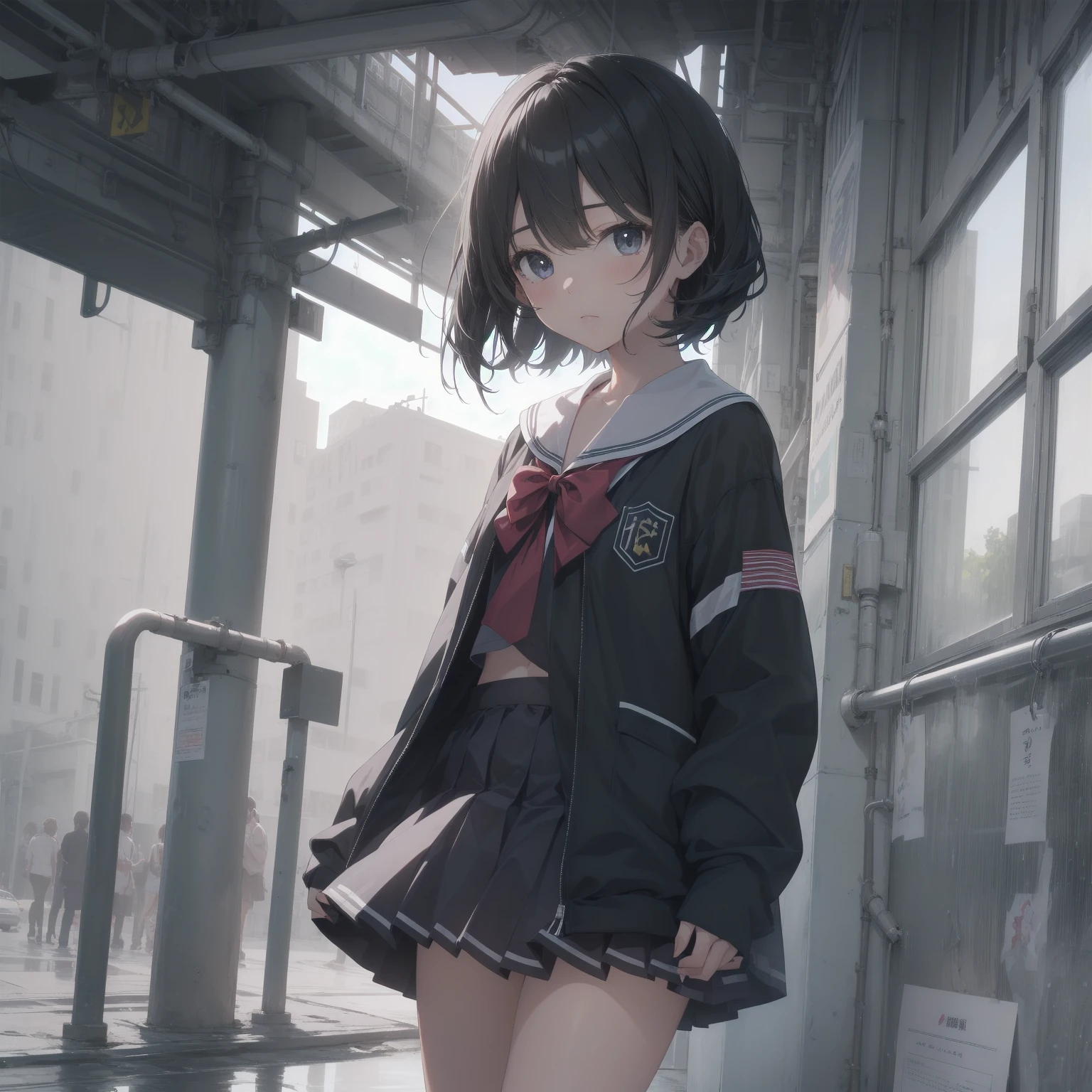 ultra-absurdres-Top quality by artist God, ultra-detailed, high resolution, anime moe artstyle, best anime 8k konachan wallpaper, pixiv contest winner, pool:2810, perfect anatomy,break, 1girl, (Please draw a girl walking sleepily to school alone. )break,(Solo,little female, 13-year-old:1.3),Full limbs, complete fingers,a junior high school student, (very short hair), short cut, flat chest, , small butt, small black eyes, beautiful detailed eyes, well-proportioned iris and pupils, expressive eyes, highres detailed hair, soft expression, salor school_uniform, sailor collar, serahuku, bow, pleated skirt,(Detailed Lighting), (Detailed background), in the School commute route. break,super detailed skin, Best cinematic lighting powered by famous artist, 8k,beauty illustration,photoshop_(medium),very aesthetic,break,((artist:nekotoufu )), artist:clamp ,artist:carnelian ,artist:kantoku ,