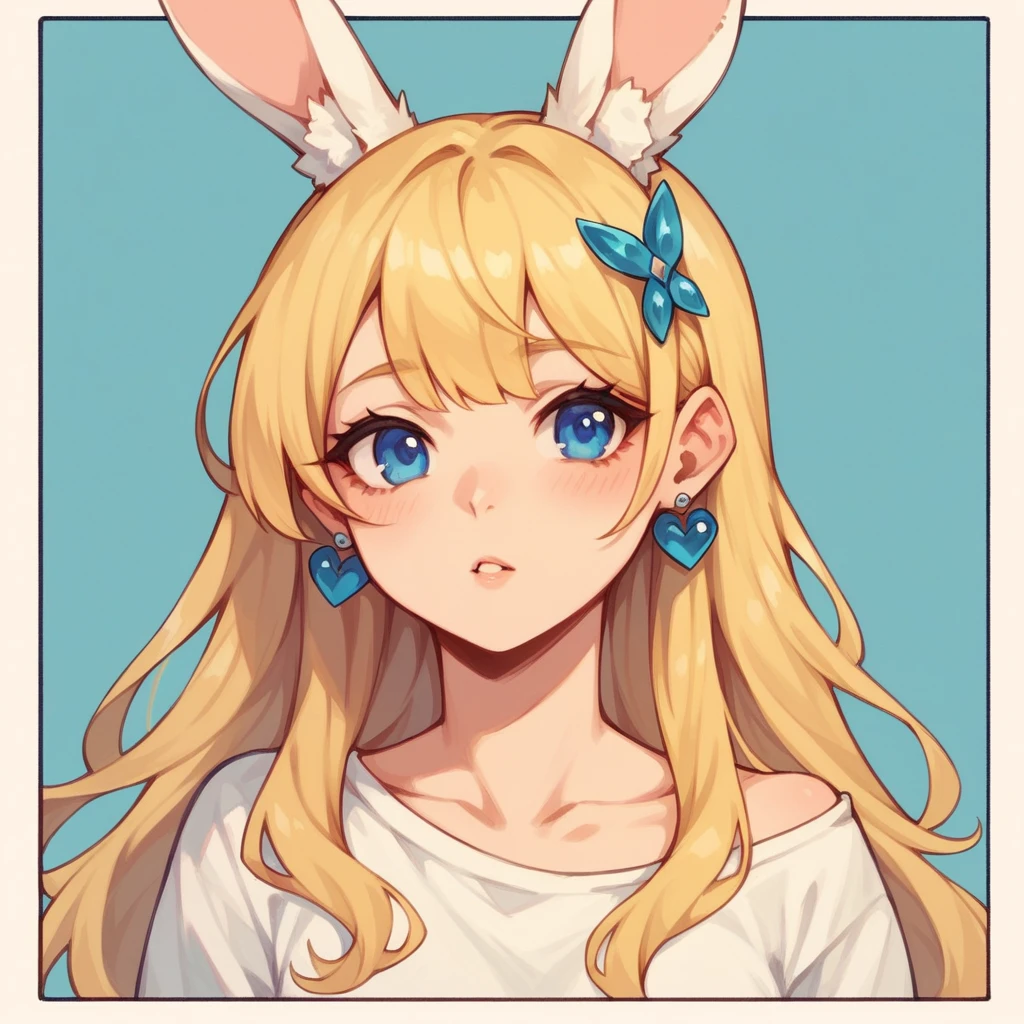 adult woman, bold, thick outlines, comic character, Long Hair, Bangs, Blue eyes, Blonde Hair, Hair Ornament, Earrings, Rabbit Ears, cute, innocent