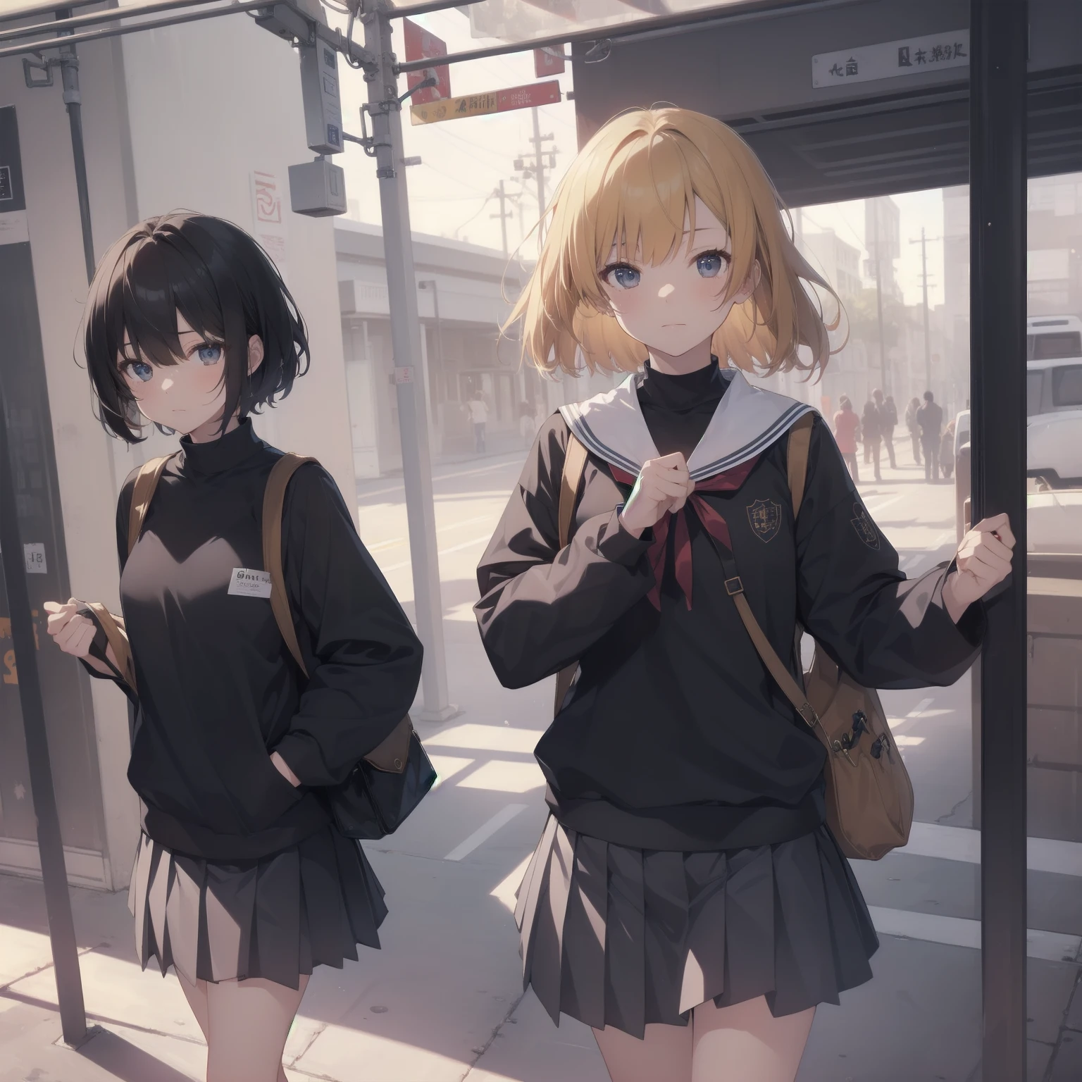 ultra-absurdres-Top quality by artist God, ultra-detailed, high resolution, anime moe artstyle, best anime 8k konachan wallpaper, pixiv contest winner, pool:2810, perfect anatomy,break, 1girl, (Please draw a girl walking sleepily to school alone. )break,(Solo,little female, 13-year-old:1.3),Full limbs, complete fingers,a junior high school student, (very short hair), short cut, flat chest, , small butt, small black eyes, beautiful detailed eyes, well-proportioned iris and pupils, expressive eyes, highres detailed hair, soft expression, salor school_uniform, sailor collar, serahuku, bow, pleated skirt,(Detailed Lighting), (Detailed background), in the School commute route. break,super detailed skin, Best cinematic lighting powered by famous artist, 8k,beauty illustration,photoshop_(medium),very aesthetic,break,((artist:nekotoufu )), artist:clamp ,artist:carnelian ,artist:kantoku ,

