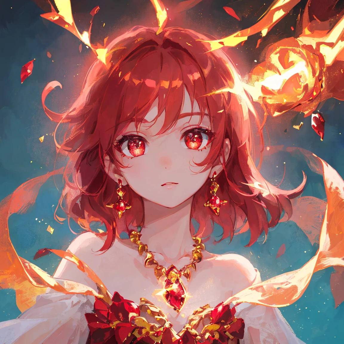 1 girl masterpiece, highest quality, shape, Ruby eyes and hair, Ruby earrings, Ruby necklace, flame, fire fairy, cute, (dynamic lighting:1.2), cinematic lighting, delicate features, fine eyes, sharp pupils, realistic student, written boundary depth, Bokeh, sharp focus, (very detailed, bloom, shine:1.4), lots of little gems