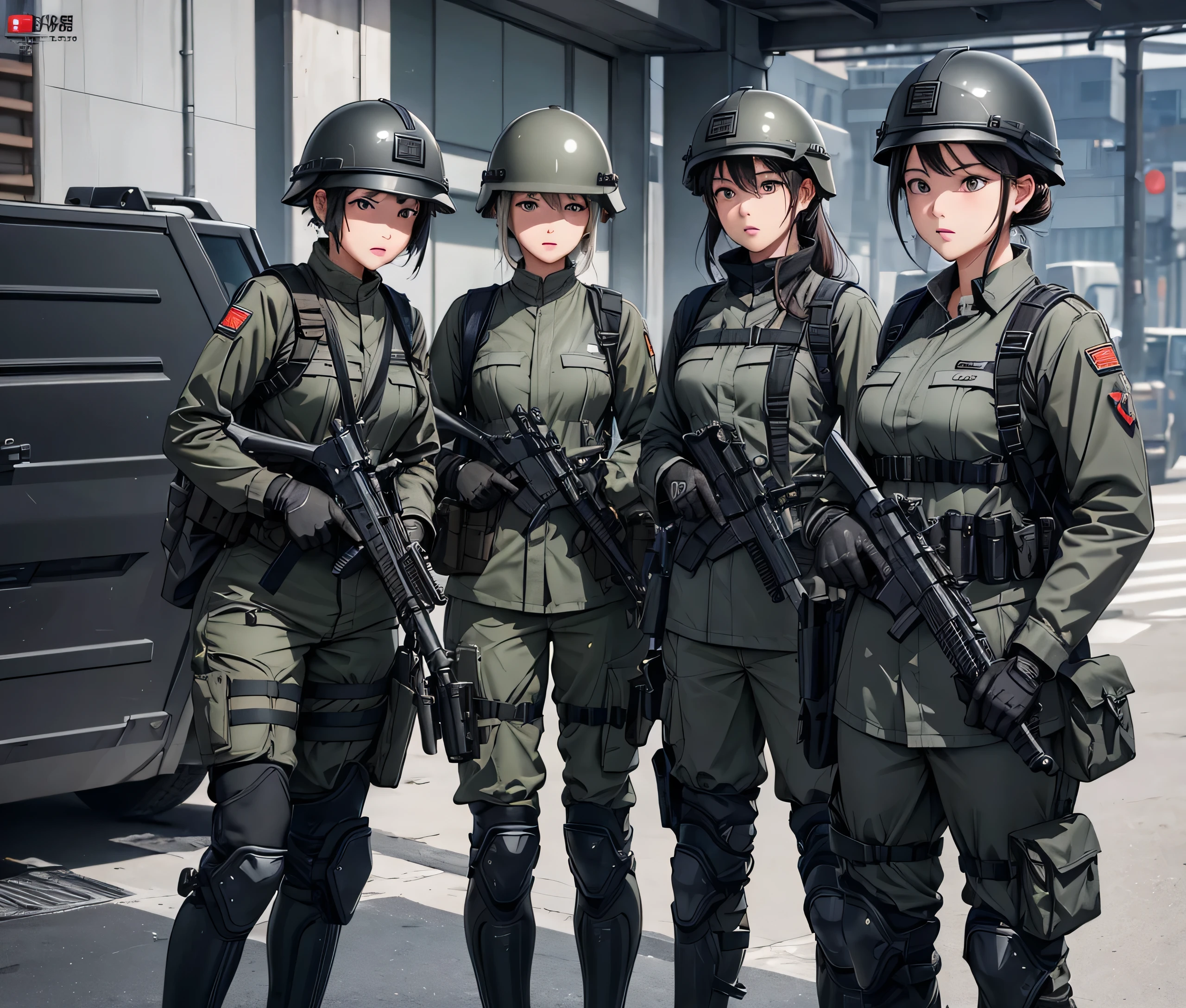 A group of female soldiers wearing light grey and black zippered military uniforms、Wear a steel helmet、Gloves、Magazine Pouch、Knee pads、Alert with guns、Write details、masterpiece、best quality、Highly detailed CG、8K picture quality