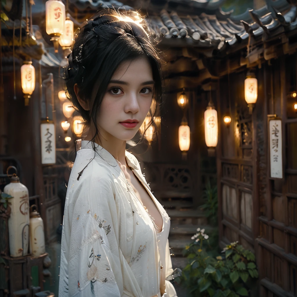 (halfbody shot,street lamps,moon),Masterpiece, 1girl, solo exhibition, beautiful woman on the bustling street, surrounded by hawkers, beautiful goddess girl portrait, beautiful and detailed face, porcelain skin, (((bust shot, center, night, black hair, short hair)), super soft lighting, symmetry, complexity, elegance, high detail, realism, art, concept art,