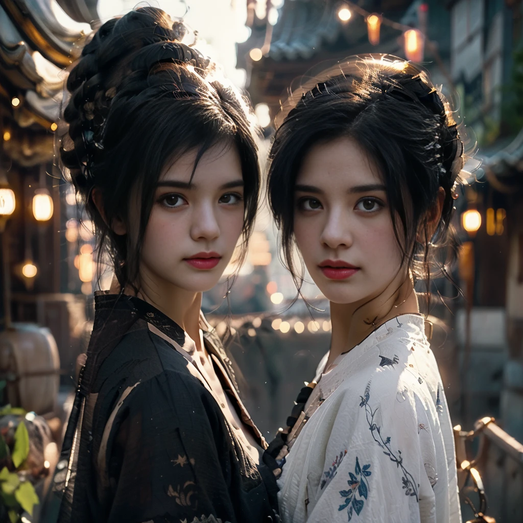 (halfbody shot,street lamps,moon),Masterpiece, 1girl, solo exhibition, beautiful woman on the bustling street, surrounded by hawkers, beautiful goddess girl portrait, beautiful and detailed face, porcelain skin, (((bust shot, center, night, black hair, short hair)), super soft lighting, symmetry, complexity, elegance, high detail, realism, art, concept art,