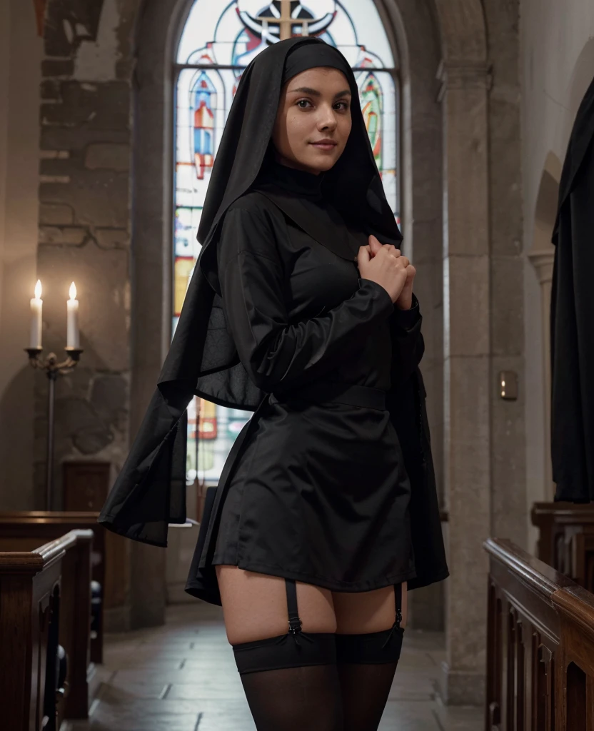 8k, RAW photo, best quality, ultra high resolution, (photorealistic), realistic photo of skinny brunette girl nun, (slim brunette girl nun, 20 years old, slim face, tanned skin, black hair, straight hair), in the church, candles, crucifix, blood red walls, (full body picture), (photo from the side), standing posing for picture, (sexy pose), (wearing: (black nun costume, (black miniskirt), stockings)), ((looking at viewer)), shy smile, seductive, (extremely detailed CG unity 8k wallpaper), Sharp focus, (bright light) sexy hot posa