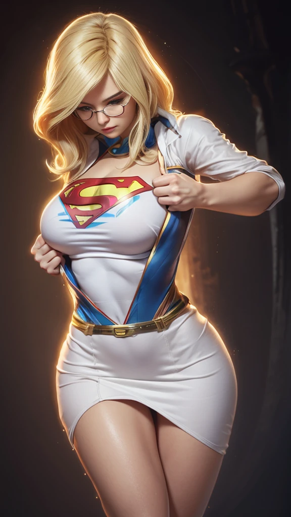 The character Supergirl, perfect and blue costume, blond hair, perfect curves, beautiful face, seductive girl...