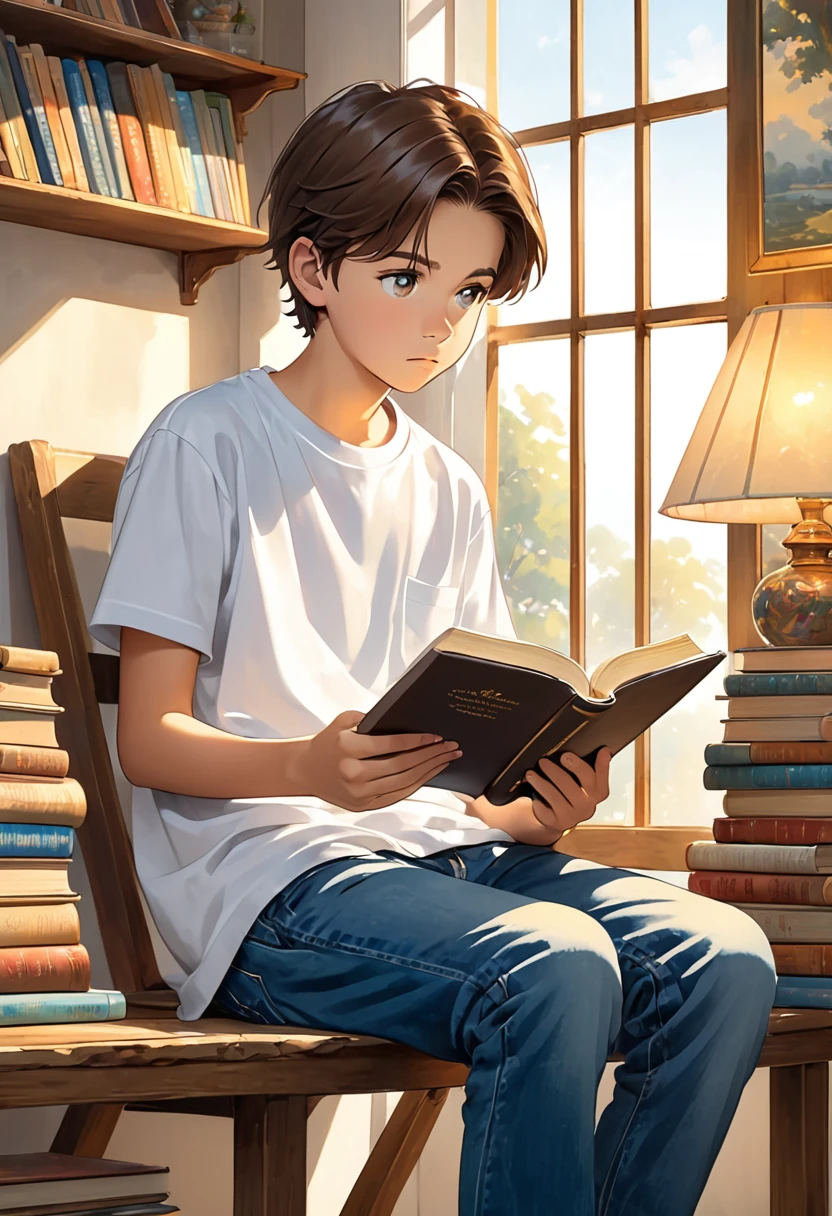 Image Description:
"A -yeld tetting in a warm, bright environment, holding an open Bible in your hands. He has an expression of concentration and reflection, with eyes attentive to reading. The teenager has short brown hair, and wear casual clothes, like a t-shirt and jeans. Ao fundo, there is a setting that may include a shelf with books, a table with a soft lamp and maybe some Christian decor, like a cross or a painting with an inspiring message."