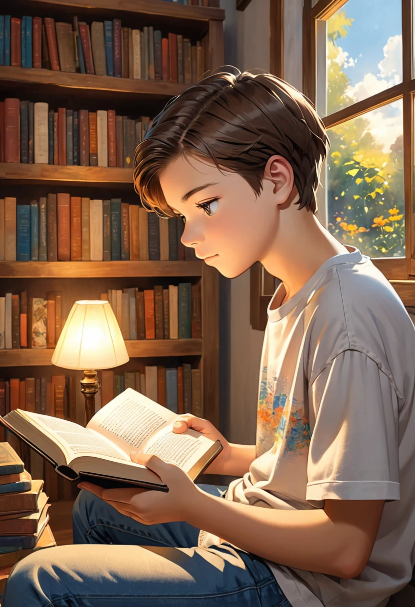 Image Description:
"A 14-year-old teenager is sitting in a warm, bright environment, holding an open Bible in your hands. He has an expression of concentration and reflection, with eyes attentive to reading. The teenager has short brown hair, and wear casual clothes, like a t-shirt and jeans. Ao fundo, there is a setting that may include a shelf with books, a table with a soft lamp and maybe some Christian decor, like a cross or a painting with an inspiring message."