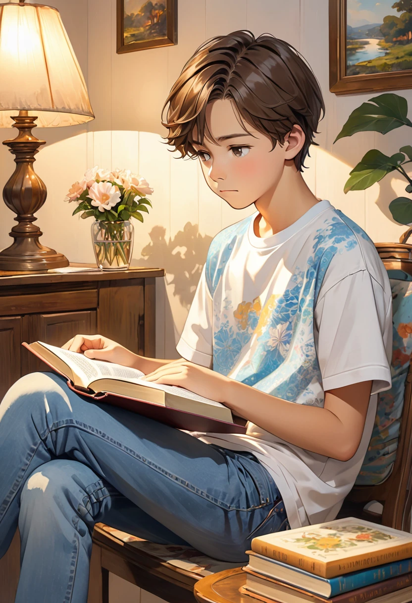 Image Description:
"A -yeld tetting in a warm, bright environment, holding an open Bible in your hands. He has an expression of concentration and reflection, with eyes attentive to reading. The teenager has short brown hair, and wear casual clothes, like a t-shirt and jeans. Ao fundo, there is a setting that may include a shelf with books, a table with a soft lamp and maybe some Christian decor, like a cross or a painting with an inspiring message."