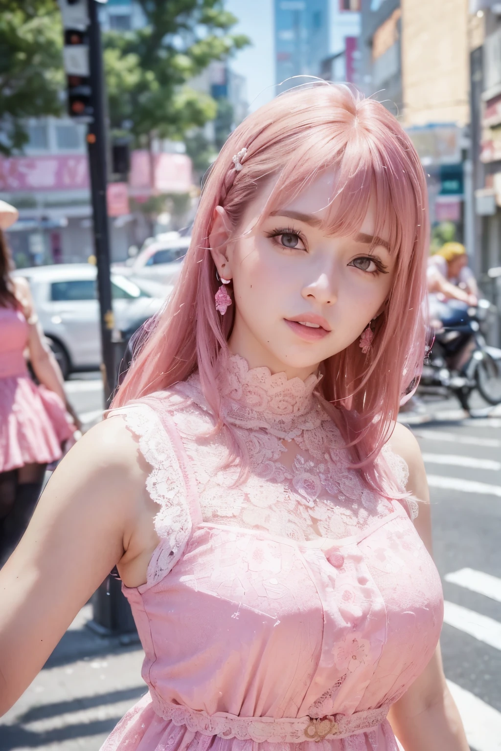 a woman posing on the distance corner with pink dress on, best quality, high resolution, 8k, 1 woman, (huge breasts), afternoon, bright, outdoor, (distance:0.8), (people, crowd:1), (Lace-trimmed dresses:1.5, pink clothes:1.5, Pink high-neck dress:1.5, sleeveless dress, pink dress: 1.5), very cool, (medium hair), beautiful detailed sky, beautiful earrings, (dynamic pose:0.8), (upper body:1.2), soft lighting, wind, glowing skin, looking at viewer,
