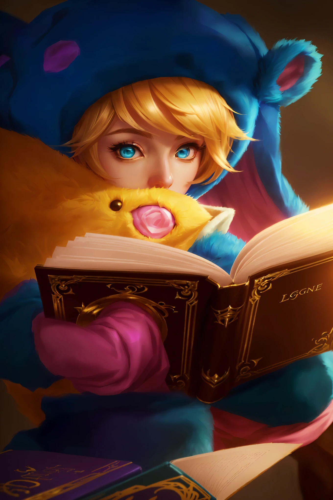 a close up of a reading a book with a stuffed animal, ezreal (league of legends, orianna, lux from league of legends, from league of legends, league of legends character, extremely detailed artgerm, style league of legends, league of legends art, annie from league of legends, league of legends character art