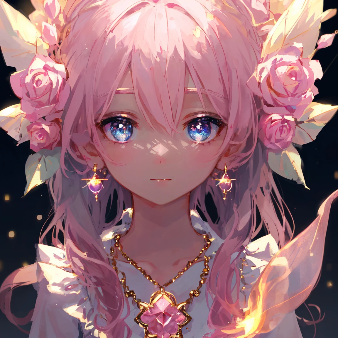 1 girl masterpiece, highest quality, shape, Rose Quartz eyes and hair, Rose Quartz earrings, Rose Quartz necklace, lamp, candle,fire fairy, cute, (dynamic lighting:1.2), cinematic lighting, delicate features, fine eyes, sharp pupils, realistic student, written boundary depth, Bokeh, sharp focus, (very detailed, bloom, shine:1.4), lots of little gems 