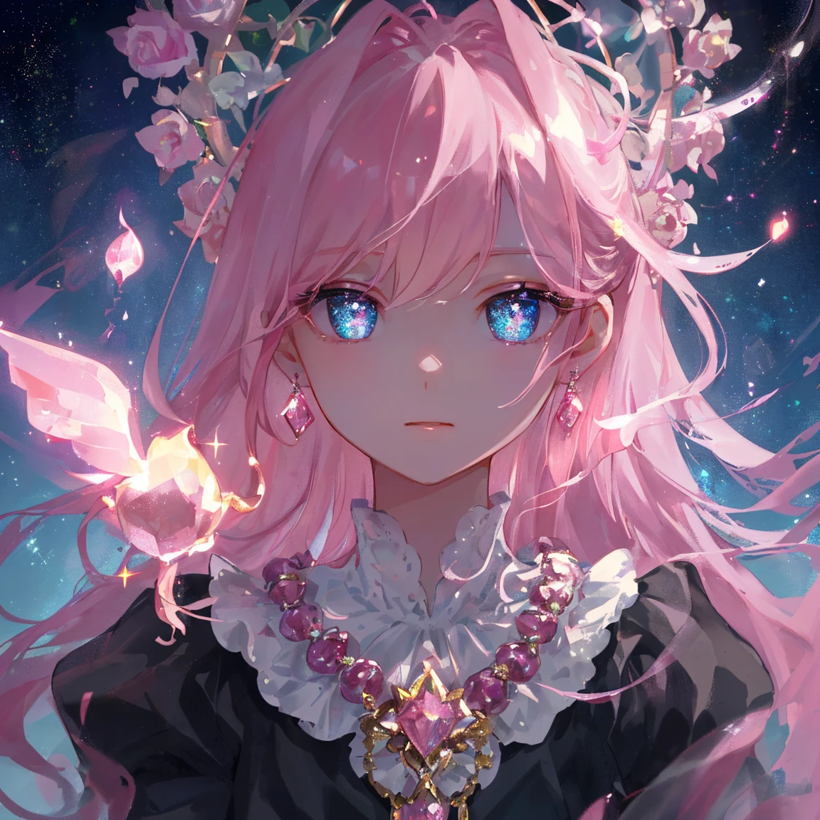 1 girl masterpiece, highest quality, shape, Rose Quartz eyes and hair, Rose Quartz earrings, Rose Quartz necklace, lamp, candle,fire fairy, cute, (dynamic lighting:1.2), cinematic lighting, delicate features, fine eyes, sharp pupils, realistic student, written boundary depth, Bokeh, sharp focus, (very detailed, bloom, shine:1.4), lots of little gems