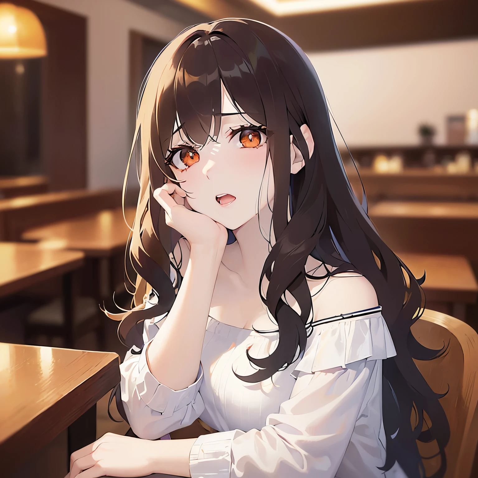 looking up, Close-up of your face, (pale skin: 1.2), shiny skin, shiny hair、(A 25-year-old woman with medium-length hair and bangs) and (wavy hair) and (brown hair) and (orange eyes) , (white) and (off shoulder blouse) 、(sad:1.3), open mouth, The background is the interior of a restaurant at night.、Alone、Are standing