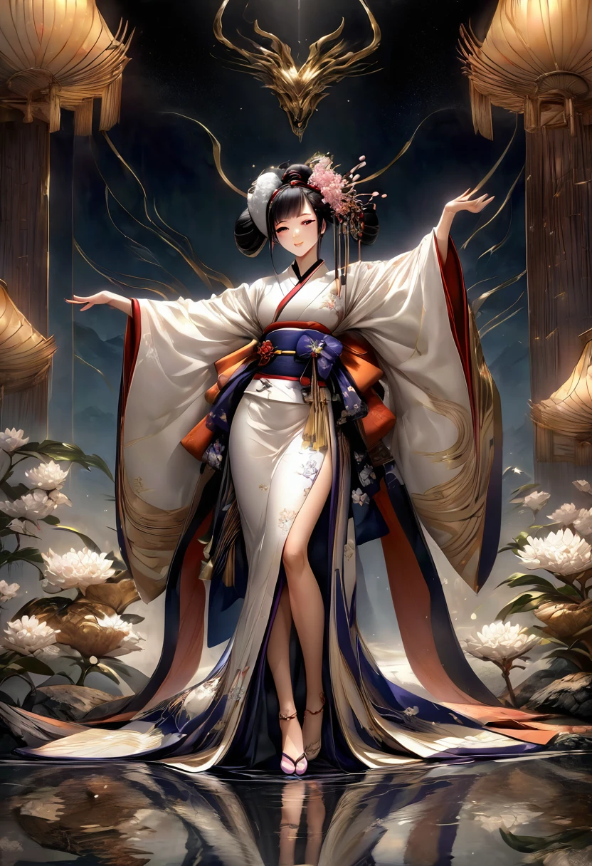 Необходимо создать concept-арт гейши для MMORPG, centered on a Japanese setting. full length, concept, full length пероснаж, A geisha should inspire grace, sophistication and mystery, typical of Japanese culture. Picture her in a traditional kimono with details, reflecting her status and professionalism. It is important to convey her grace and expressiveness through her pose and facial expression.. digital painting, full length, concept, full length пероснаж