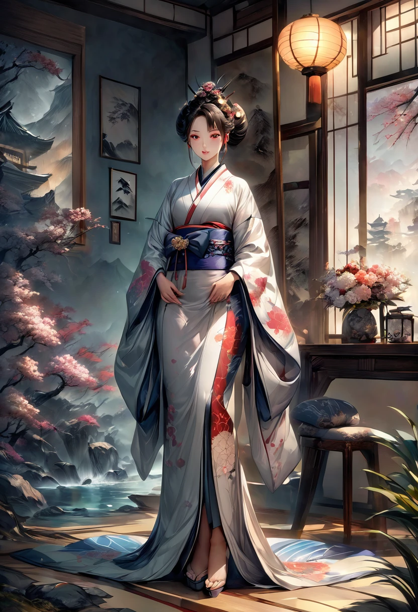 Необходимо создать concept-арт гейши для MMORPG, centered on a Japanese setting. full length, concept, full length пероснаж, A geisha should inspire grace, sophistication and mystery, typical of Japanese culture. Picture her in a traditional kimono with details, reflecting her status and professionalism. It is important to convey her grace and expressiveness through her pose and facial expression.. digital painting, full length, concept, full length пероснаж