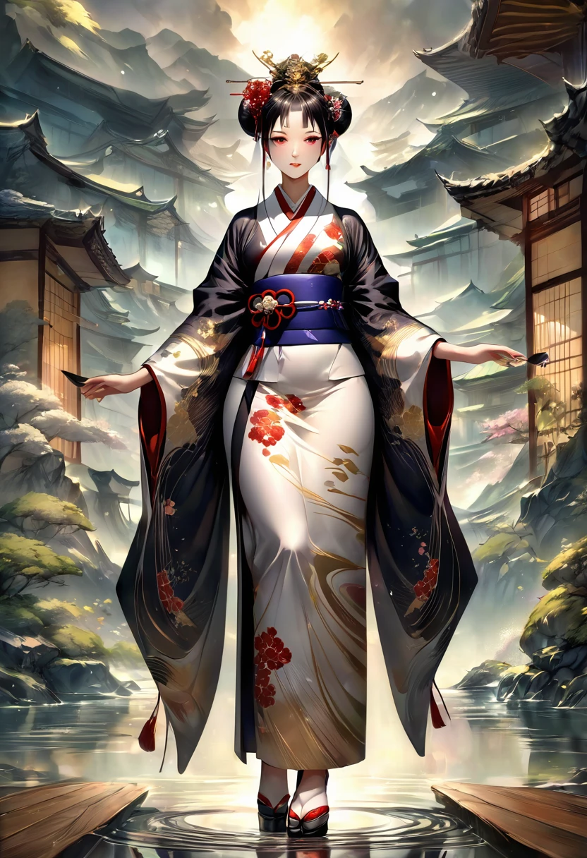 Необходимо создать concept-арт гейши для MMORPG, centered on a Japanese setting. full length, concept, full length пероснаж, A geisha should inspire grace, sophistication and mystery, typical of Japanese culture. Picture her in a traditional kimono with details, reflecting her status and professionalism. It is important to convey her grace and expressiveness through her pose and facial expression.. digital painting, full length, concept, full length пероснаж