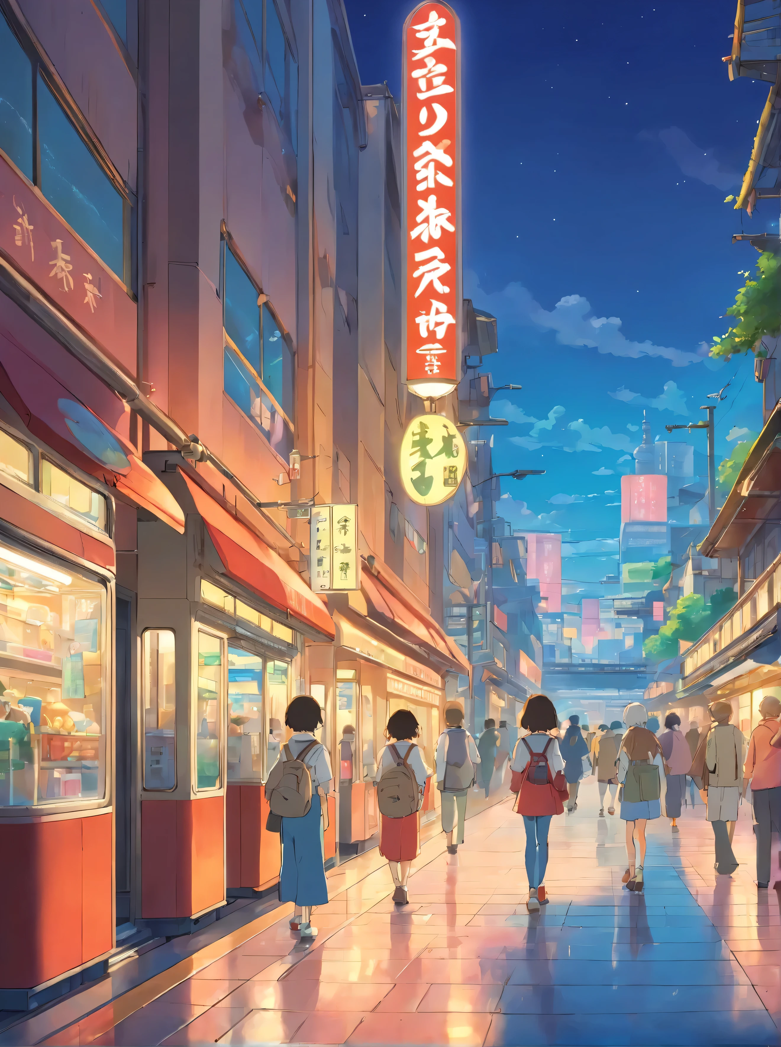 In the daytime，super zoom, detail, people in train station, sunraise，clear skieaiyun, train station，Buildings，lamplight，bustling，Cyber City，neonlight，modern day，big city，streetcar