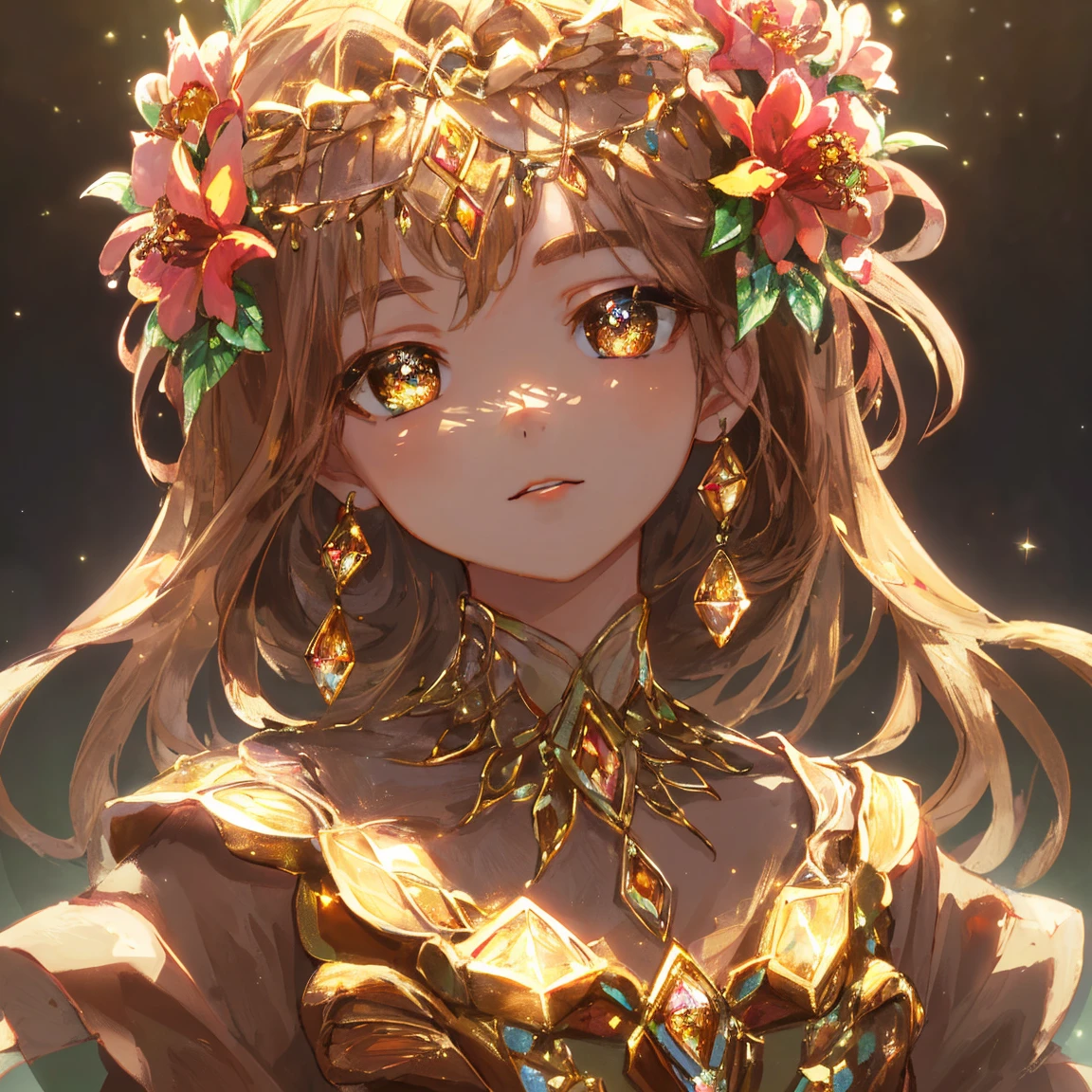 1 girl masterpiece, highest quality, shape, brown diamond eyes and hair, brown diamond earrings, brown diamond necklace, soil, earth fairy, cute, (dynamic lighting:1.2), cinematic lighting, delicate features, fine eyes, sharp pupils, realistic student, written boundary depth, Bokeh, sharp focus, (very detailed, bloom, shine:1.4), lots of little gems