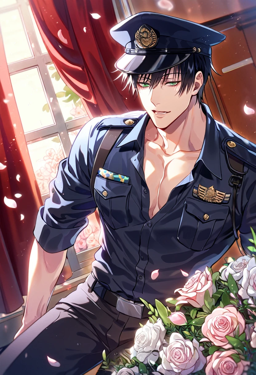 absurdres, highres, ultra detailed, HDR, master piece, best quality, Fushiguro Touji, black hair, expressive green eyes, Jujutsu Kaisen, solo, sexy man, handsome, horny, sensual, black police officer clothes, unbuttoned shirt, black hat, fantasy, police station, window, petals, flowers, room, red curtains, Nu Carnival